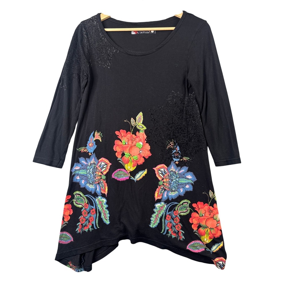 Desigual Womens Black Floral Butterfly Lace Applique Sharkbite Tunic Top Small